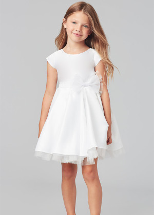 Cap Sleeves White Satin Tulle Short Flower Girl Dress